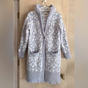 UGG Judith Leopard Knit Longline Hooded Cardigan Robe Purple White M/L